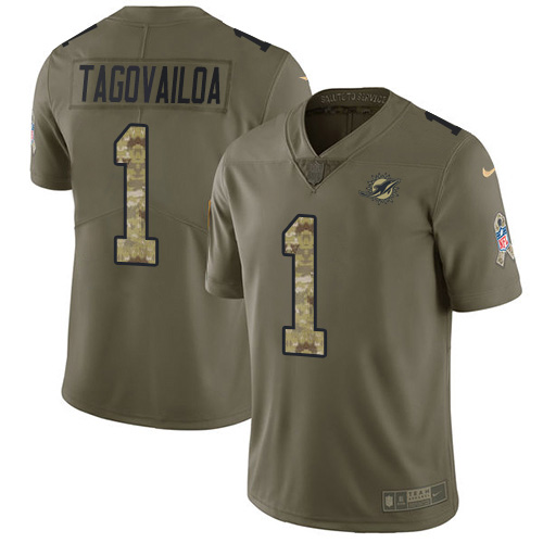 Nike Miami Dolphins #1 Tua Tagovailoa Olive Camo Youth Stitched NFL Limited 2017 Salute To Service Jersey